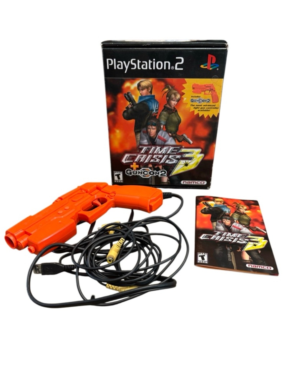 Namco GunCon2 Orange PS2 Light Gun w Box Manual Cables Untested